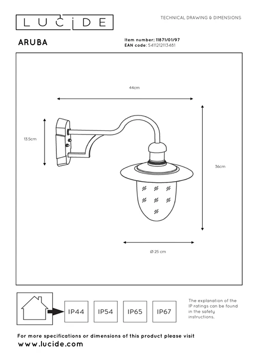 Lucide ARUBA - Wall light Indoor/Outdoor - Ø 25 cm - 1xE27 - IP44 - Rust Brown - technical